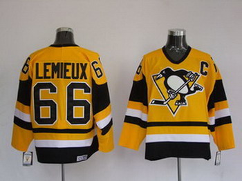Pittaburgh Penguins 66 Marrio Lemieux Yellow Jerseys C patch