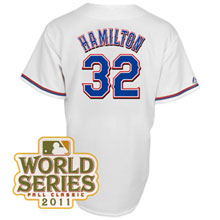 Texas Rangers 32 Josh Hamilton Home Jersey 2011 World Series Patch