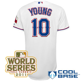 Texas Rangers 10 Michael Young Home Cool Base Jersey 2011 World Series Patch