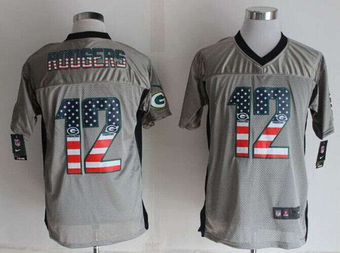 2014 New Nike Green Bay Packers 12 Rodgers USA Flag Fashion Grey Shadow Elite Jerseys