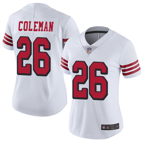 49ers #26 Tevin Coleman White Rush Women's Stitched Football Vapor Untouchable Limited Jersey 49ers #26 Tevin Coleman White Rush Women's Stitched Football Vapor Untouchable Limited Jersey