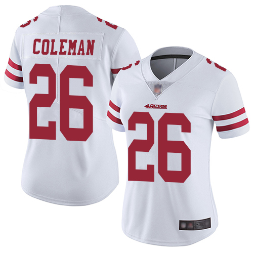 49ers #26 Tevin Coleman White Women's Stitched Football Vapor Untouchable Limited Jersey 49ers #26 Tevin Coleman White Women's Stitched Football Vapor Untouchable Limited Jersey