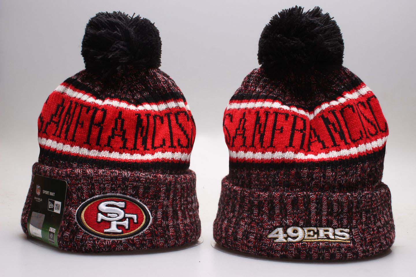 49ers Red Wordmark Cuffed Pom Knit Hat YP 1