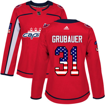 Adidas Capitals #31 Philipp Grubauer Red Home Authentic USA Flag Women's Stitched NHL Jersey