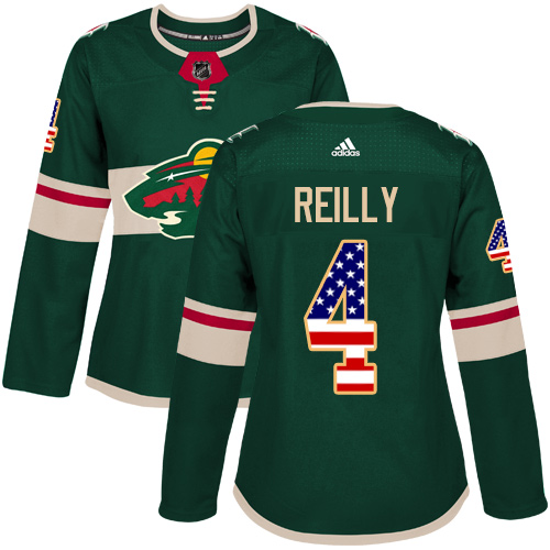 Adidas Wild #4 Mike Reilly Green Home Authentic USA Flag Women's Stitched NHL Jersey