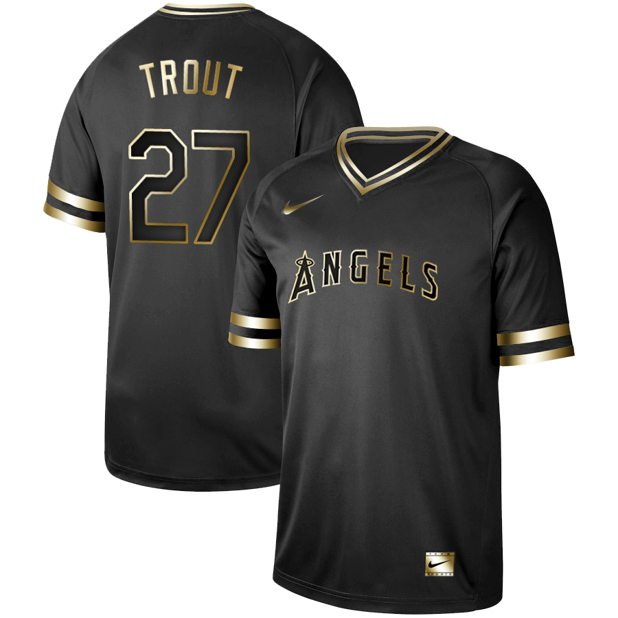 Angels 27 Mike Trout Black Gold Nike Cooperstown Collection Legend V Neck Jersey