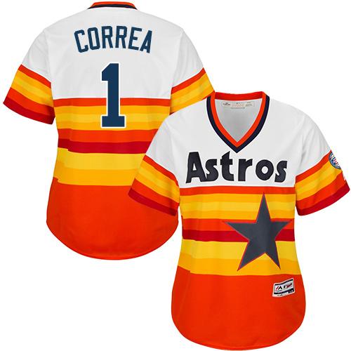 Astros #1 Carlos Correa White Orange Alternate Cooperstown Women's Stitched MLB Jersey