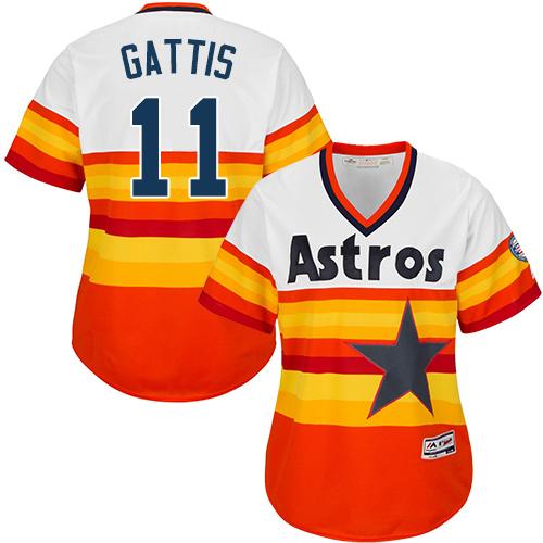 Astros #11 Evan Gattis White Orange Alternate Cooperstown Women's Stitched MLB Jersey