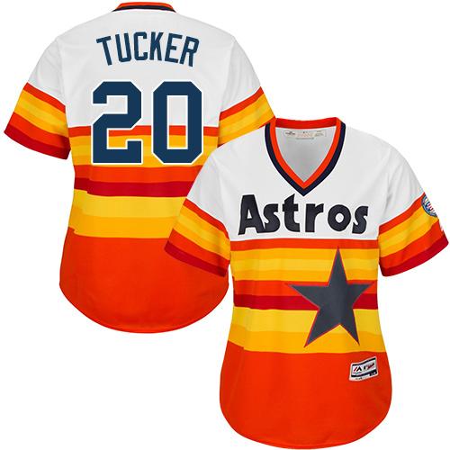 Astros #20 Preston Tucker White Orange Alternate Cooperstown Women's Stitched MLB Jersey