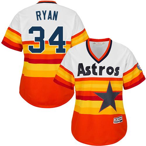 Astros #34 Nolan Ryan White Orange Alternate Cooperstown Women's Stitched MLB Jersey