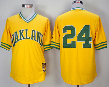 Athletics 24 Rickey Henderson Yellow 1981 Mitchell & Ness Jersey