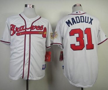 Atlanta Braves #31 Greg Maddux White W75th Anniversary Commemorative Patch Stitched Baseball Jersey