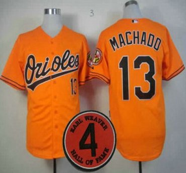 Baltimore Orioles 13 Manny Machado Orange Earl Weaver 4 Hall of Fame Patch Cool Base MLB Jerseys