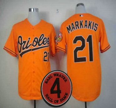 Baltimore Orioles 21 Nick Markakis Orange Earl Weaver 4 Hall of Fame Patch Cool Base MLB Jerseys