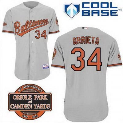 Baltimore Orioles 34# Jake Arrieta Grey Cool Base MLB Jersey W 20th Anniversary Patch 