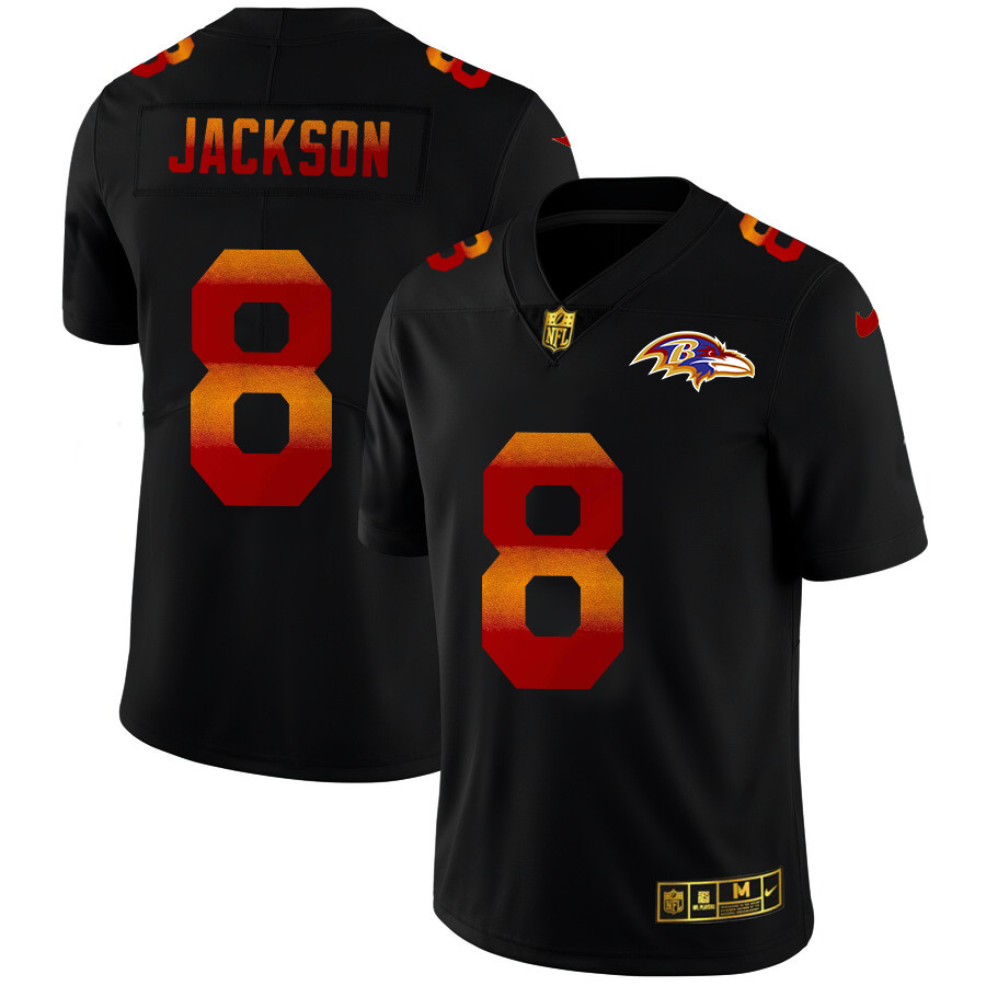 Baltimore Ravens #8 Lamar Jackson Men's Black Nike Red Orange Stripe Vapor Limited NFL Jersey Baltimore Ravens #8 Lamar Jackson Men's Black Nike Red Orange Stripe Vapor Limited NFL Jersey