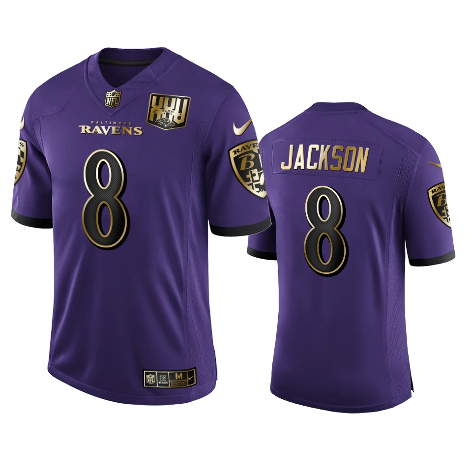 Baltimore Ravens #8 Lamar Jackson Men's Nike Purple Team 25th Season Golden Limited NFL Jersey Baltimore Ravens #8 Lamar Jackson Men's Nike Purple Team 25th Season Golden Limited NFL Jersey