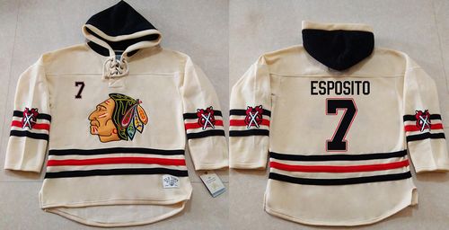 Blackhawks #7 Tony Esposito Cream Heavyweight Pullover Hoodie Stitched NHL Jersey Blackhawks #7 Tony Esposito Cream Heavyweight Pullover Hoodie Stitched NHL Jersey