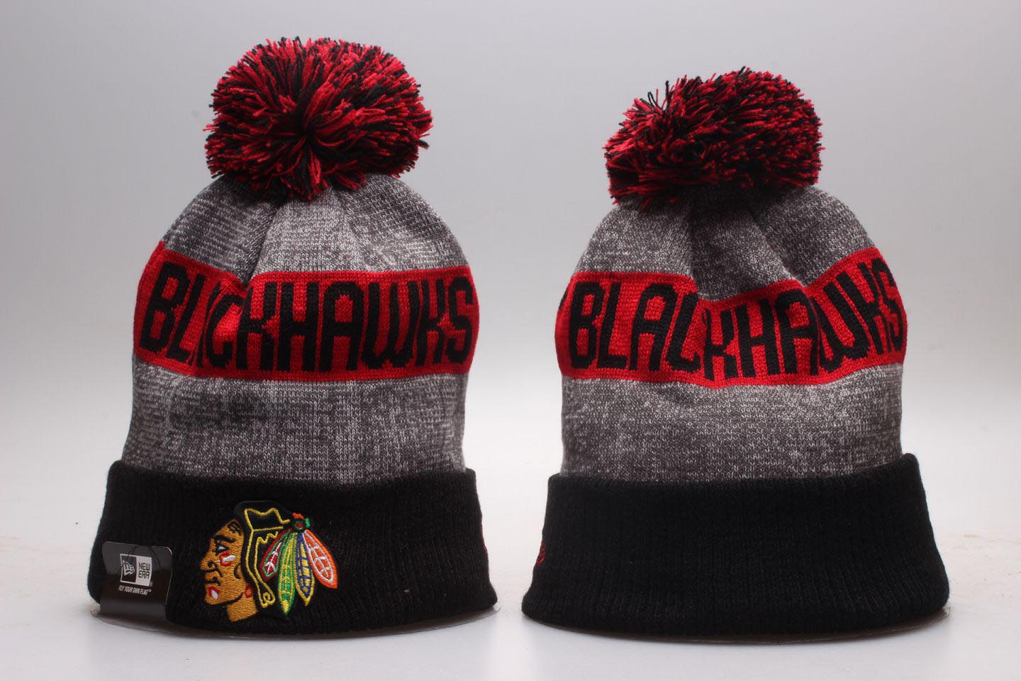Blackhawks Team Logo Black Cuffed Pom Knit Hat YP Blackhawks Team Logo Black Cuffed Pom Knit Hat YP