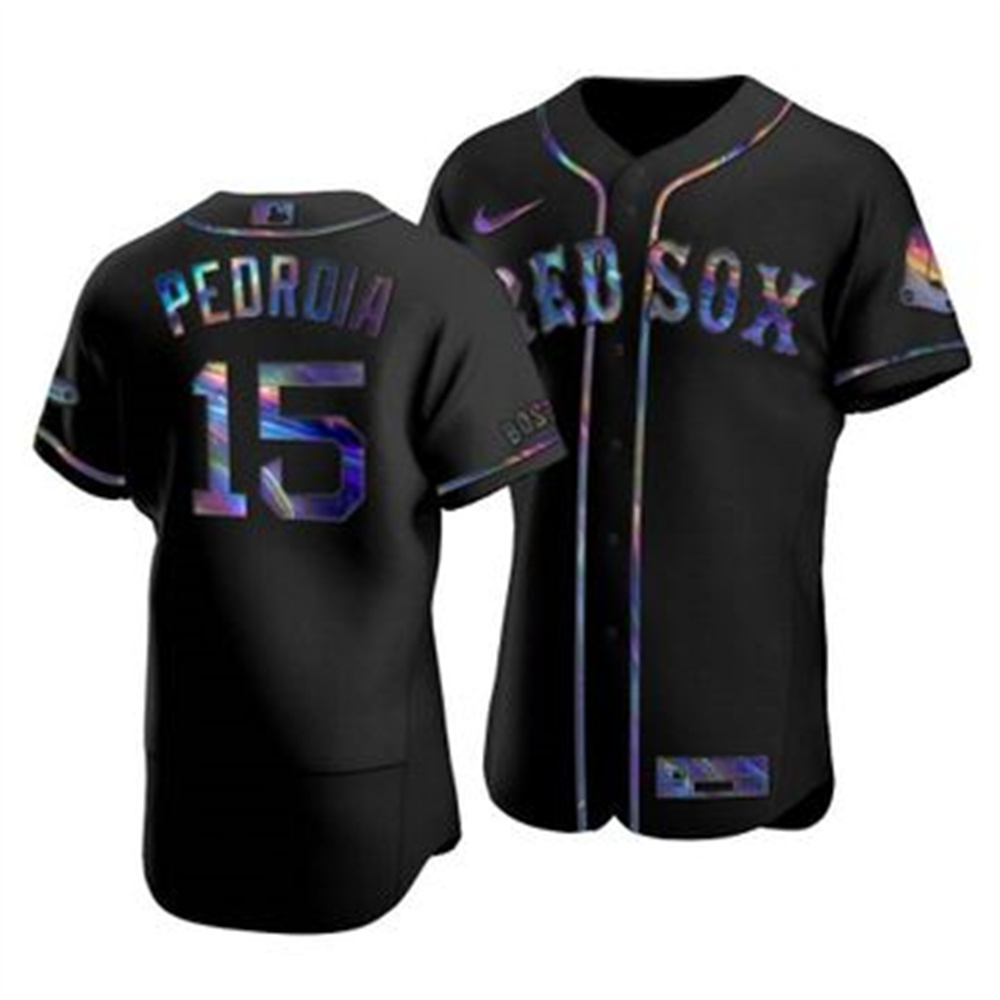 Boston Red Sox #15 Dustin Pedroia Men's Nike Iridescent Holographic Collection MLB Jersey - Black Boston Red Sox #15 Dustin Pedroia Men's Nike Iridescent Holographic Collection MLB Jersey - Black