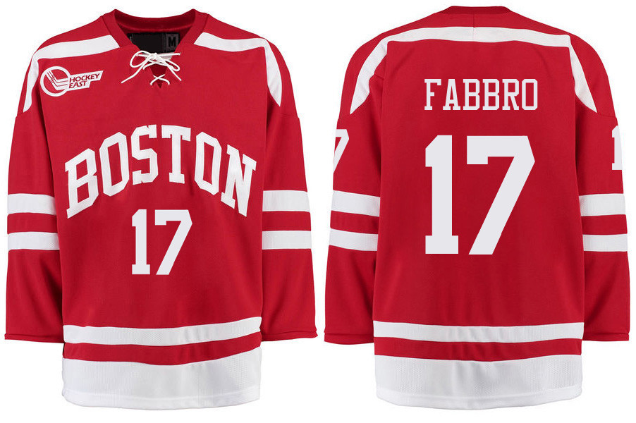 Boston University Terriers BU 17 Dante Fabbro Red Stitched Hockey Jersey Boston University Terriers BU 17 Dante Fabbro Red Stitched Hockey Jersey