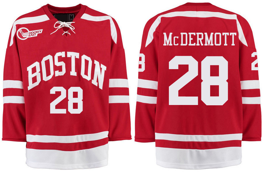 Boston University Terriers BU 28 Johnny McDermott Red Stitched Hockey Jersey Boston University Terriers BU 28 Johnny McDermott Red Stitched Hockey Jersey