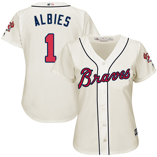 Braves #1 Ozzie Albies Cream Alternate Women's Stitched Baseball Jersey Braves #1 Ozzie Albies Cream Alternate Women's Stitched Baseball Jersey