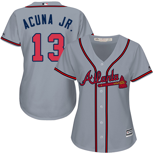Braves #13 Ronald Acuna Jr. Grey Road Women's Stitched Baseball Jersey Braves #13 Ronald Acuna Jr. Grey Road Women's Stitched Baseball Jersey