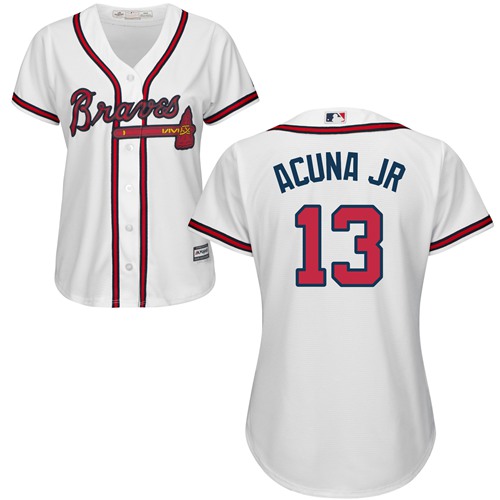Braves #13 Ronald Acuna Jr. White Home Women's Stitched Baseball Jersey Braves #13 Ronald Acuna Jr. White Home Women's Stitched Baseball Jersey