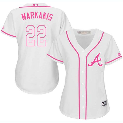 Braves #22 Nick Markakis White Pink Fashion Women's Stitched MLB Jersey Braves #22 Nick Markakis White Pink Fashion Women's Stitched MLB Jersey