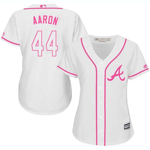 Braves #44 Hank Aaron White Pink Fashion Women's Stitched MLB Jersey Braves #44 Hank Aaron White Pink Fashion Women's Stitched MLB Jersey
