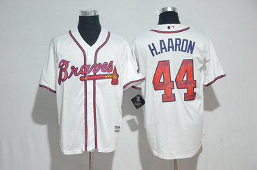 Braves 44 Hank Aaron White Team Logo Print Cool Base Jersey