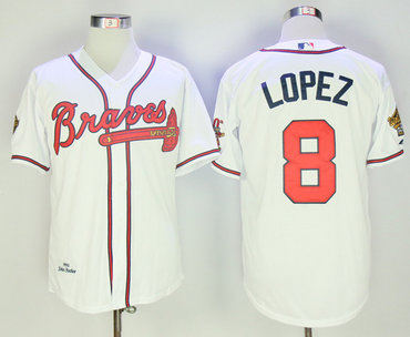 Braves 8 Javier Lopez White Throwback Jersey