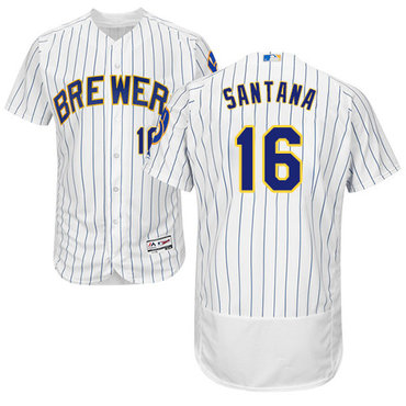 Brewers #16 Domingo Santana White Strip Flexbase Authentic Collection Stitched Baseball Jersey