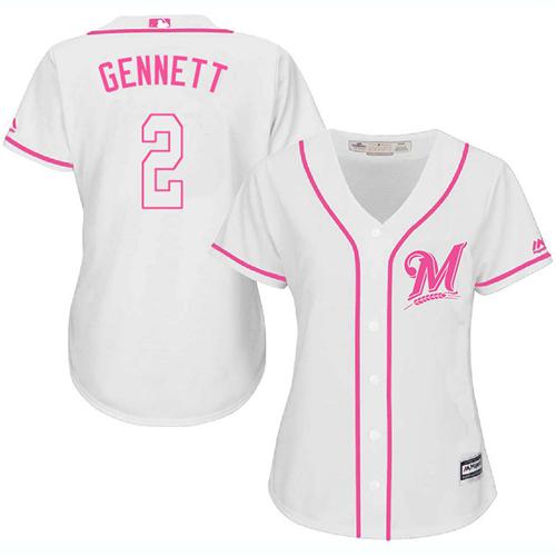 Brewers #2 Scooter Gennett White Pink Fashion Women's Stitched MLB Jersey