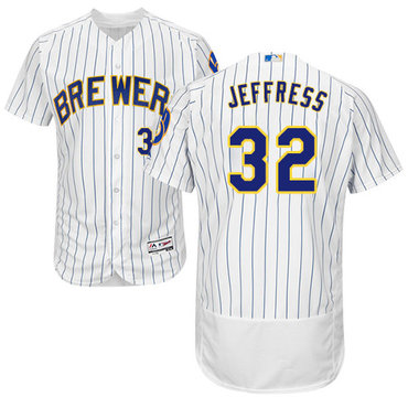 Brewers #32 Jeremy Jeffress White Strip Flexbase Authentic Collection Stitched Baseball Jersey