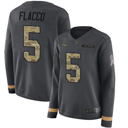 Broncos #5 Joe Flacco Anthracite Salute to Service Women's Stitched Football Limited Therma Long Sleeve Jersey