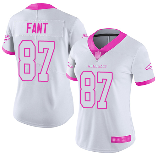 Broncos #87 Noah Fant White Pink Women's Stitched Football Limited Rush Fashion Jersey Broncos #87 Noah Fant White Pink Women's Stitched Football Limited Rush Fashion Jersey
