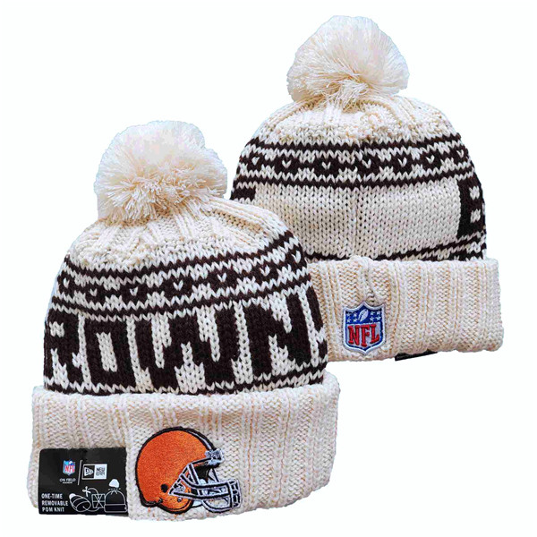Browns Team Logo Pom Cuffed White Knit Hat  YD