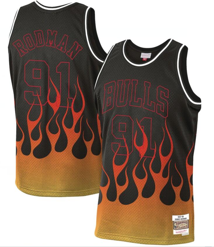 Bulls 91 Dennis Rodman Black 1997-98 Hardwood Classics Flames Swingman Jersey