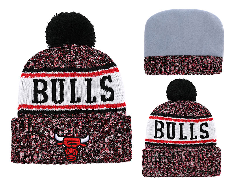 Bulls Team Logo Black Red Pom Knit Hat YD