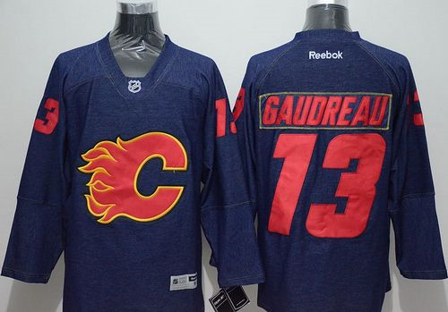 Calgary Flames #13 Johnny Gaudreau Navy Blue Denim Stitched NHL Jersey