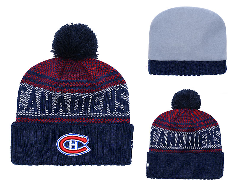 Canadiens Team Logo Navy Red Pom Knit Hat YD