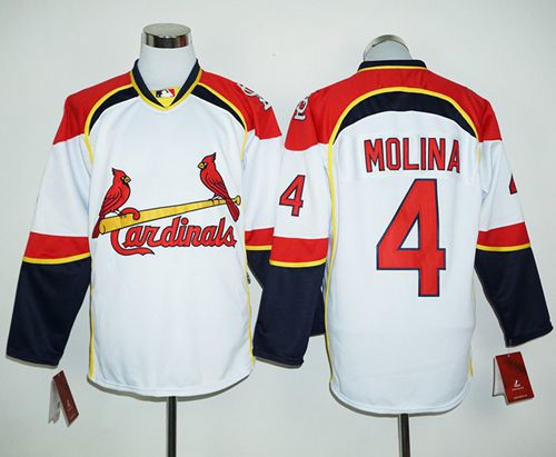 Cardinals #4 Yadier Molina White Red Long Sleeve Stitched MLB Jersey