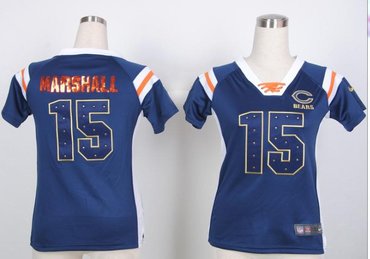 Chicago Bears 15 brandon marshall Womens Draft Him Shimmer V-Neck T-Shirt - Navy Blue
