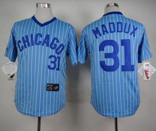 Chicago Cubs #31 Greg Maddux Blue(White Strip) Cooperstown Throwback Stitched Baseball Jersey