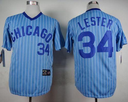 Chicago Cubs #34 Jon Lester Blue(White Strip) Cooperstown Throwback Stitched Baseball Jersey