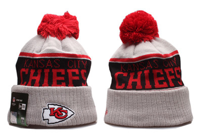 Chiefs Team Logo Gray Red Wordmark Cuffed Pom Knit Hat YP