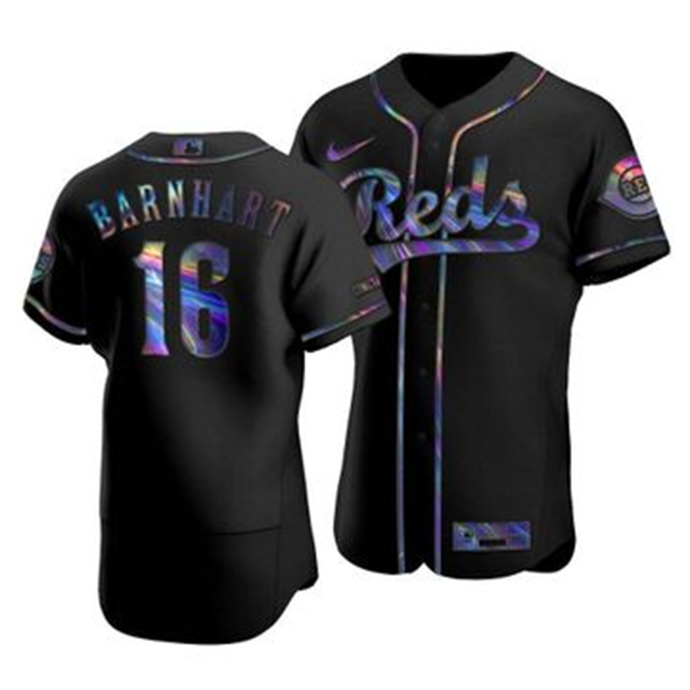 Cincinnati Reds #16 Tucker Barnhart Men's Nike Iridescent Holographic Collection MLB Jersey - Black Cincinnati Reds #16 Tucker Barnhart Men's Nike Iridescent Holographic Collection MLB Jersey - Black
