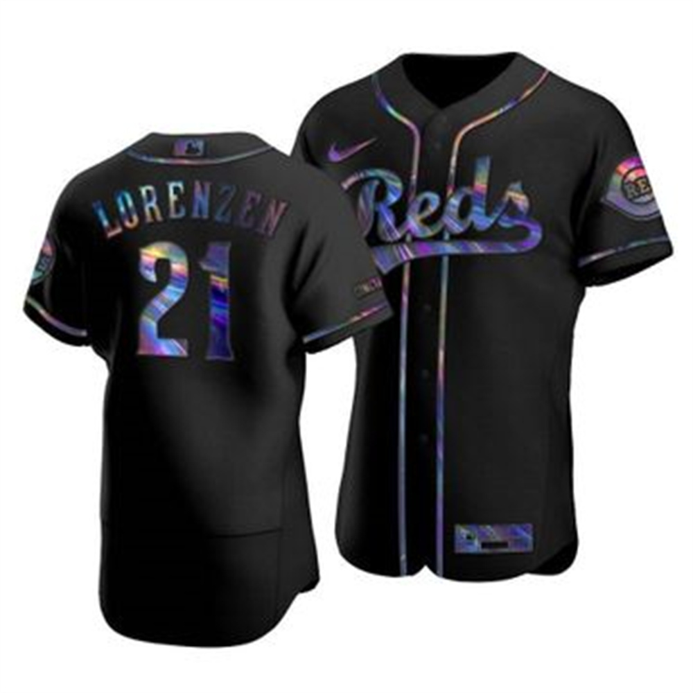 Cincinnati Reds #21 Michael Lorenzen Men's Nike Iridescent Holographic Collection MLB Jersey - Black Cincinnati Reds #21 Michael Lorenzen Men's Nike Iridescent Holographic Collection MLB Jersey - Black